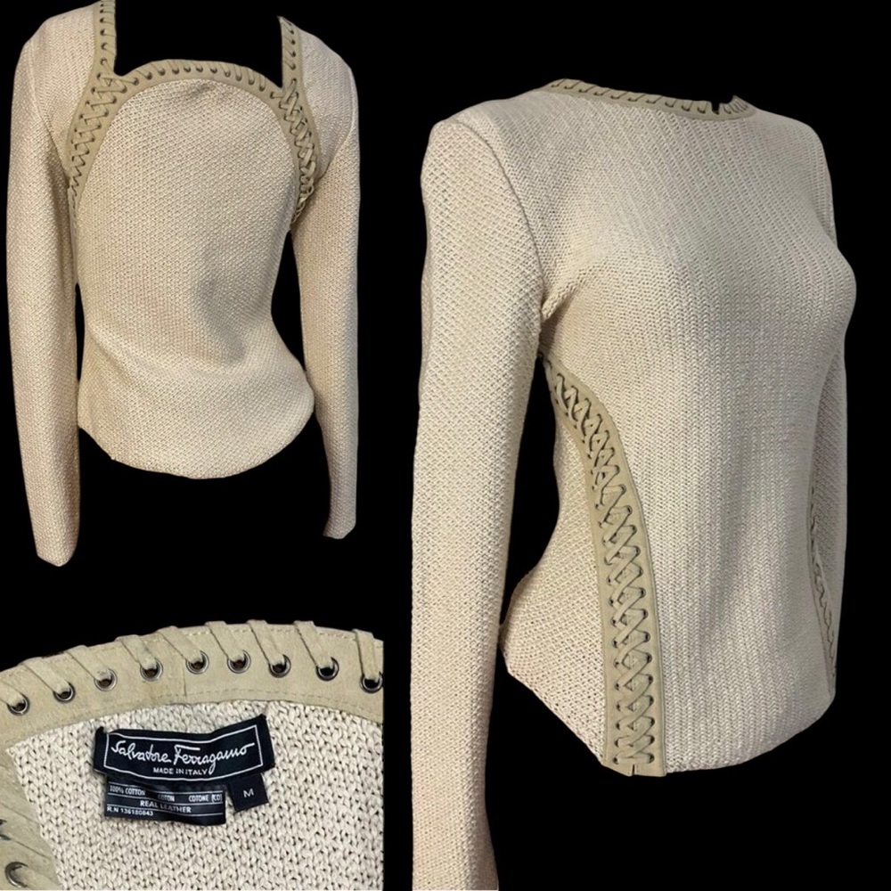 VTG Salvatore Ferragamo Couture Lace Up Suede Leather Trim Knit Sweater Top Sz M